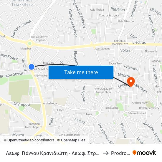 Λεωφ. Γιάννου Κρανιδιώτη - Λεωφ. Στρατηγού Τιμάγια to Prodromos map
