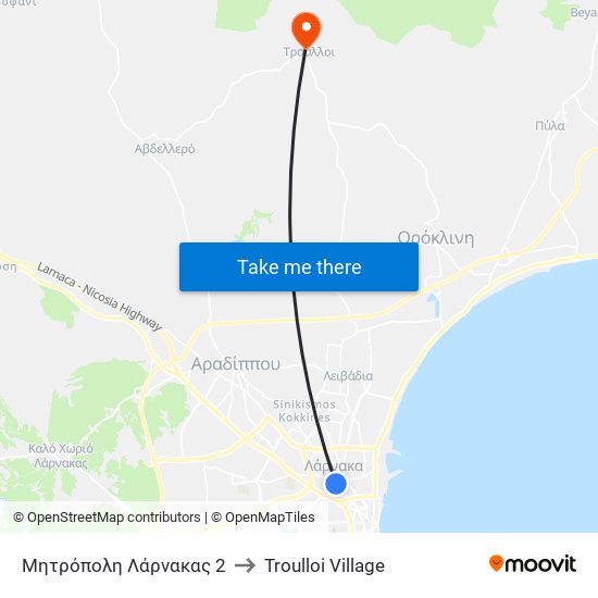 Μητρόπολη Λάρνακας 2 to Troulloi Village map