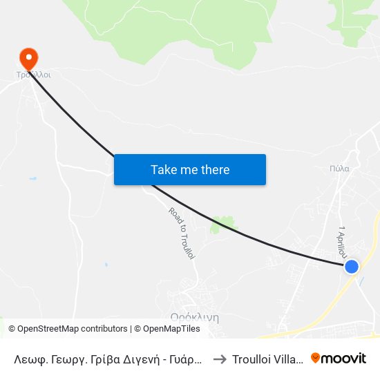 Λεωφ. Γεωργ. Γρίβα Διγενή - Γυάρου 1 to Troulloi Village map