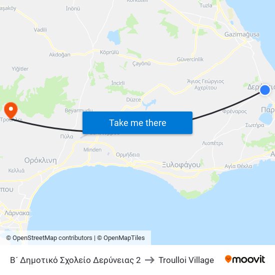 Β´ Δημοτικό Σχολείο Δερύνειας 2 to Troulloi Village map
