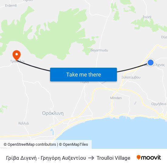 Γρίβα Διγενή - Γρηγόρη Αυξεντίου to Troulloi Village map