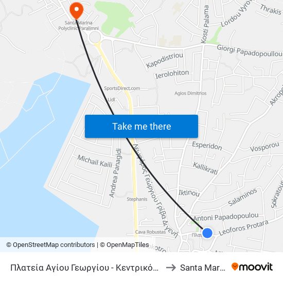 Πλατεία Αγίου Γεωργίου - Κεντρικός Σταθμός Αμμοχώστου to Santa Marina Clinic map