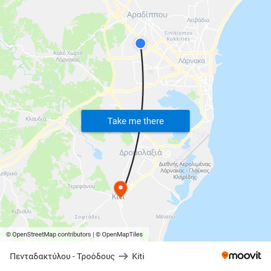 Πενταδακτύλου - Τροόδους to Kiti map