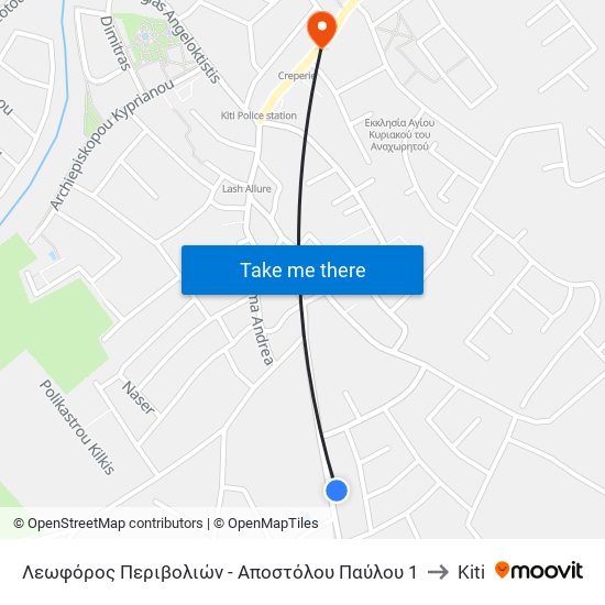 Λεωφόρος Περιβολιών - Αποστόλου Παύλου 1 to Kiti map