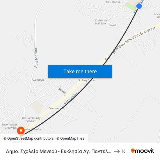 Δημο. Σχολείο Μενεού - Εκκλησία Αγ. Παντελεήμονα to Kiti map