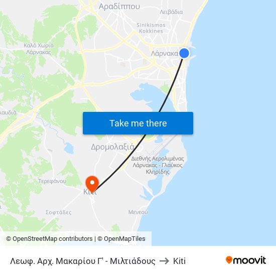 Λεωφ. Αρχ. Μακαρίου Γ' - Μιλτιάδους to Kiti map