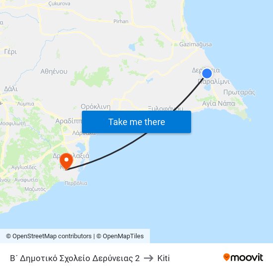 Β´ Δημοτικό Σχολείο Δερύνειας 2 to Kiti map