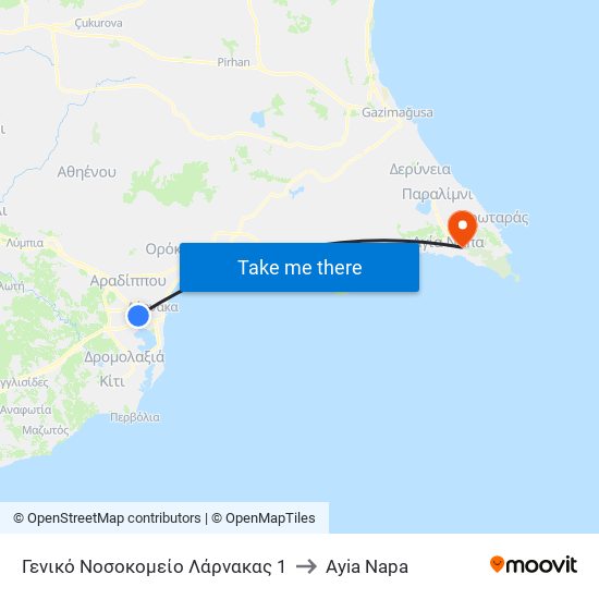 Γενικό Νοσοκομείο Λάρνακας 1 to Ayia Napa map