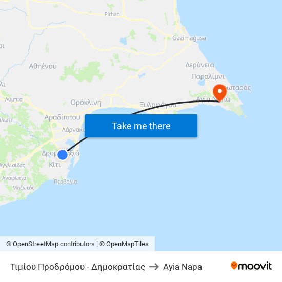 Τιμίου Προδρόμου - Δημοκρατίας to Ayia Napa map