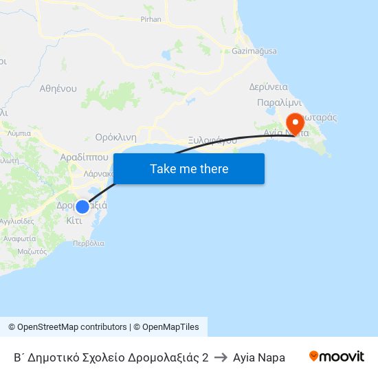 Β´ Δημοτικό Σχολείο Δρομολαξιάς 2 to Ayia Napa map