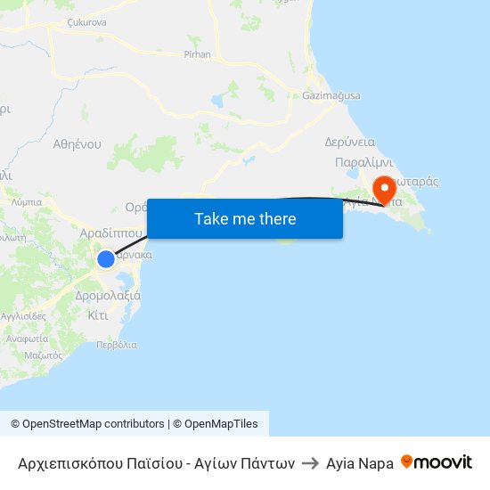 Αρχιεπισκόπου Παϊσίου - Αγίων Πάντων to Ayia Napa map