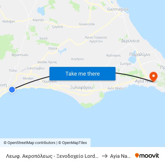 Λεωφ. Ακροπόλεως - Ξενοδοχείο Lordos to Ayia Napa map