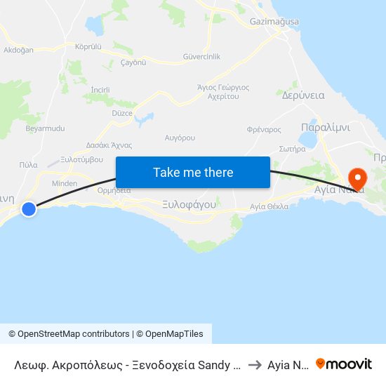 Λεωφ. Ακροπόλεως - Ξενοδοχεία Sandy - Golden Bay to Ayia Napa map