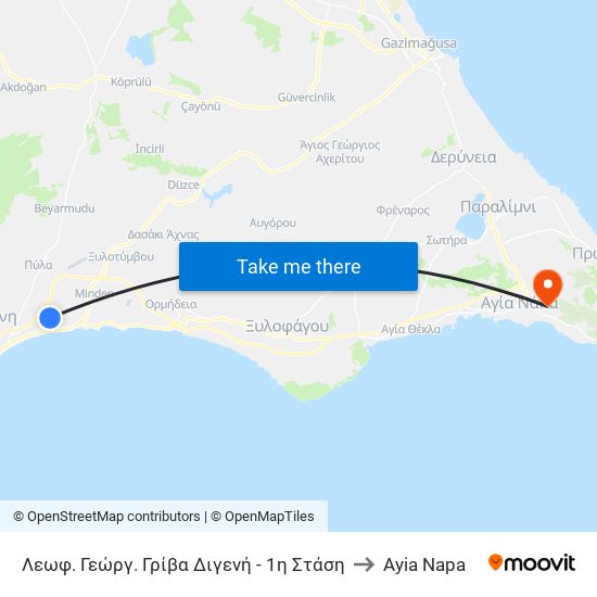 Λεωφ. Γεώργ. Γρίβα Διγενή - 1η Στάση to Ayia Napa map