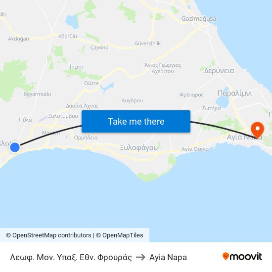 Λεωφ. Μον. Υπαξ. Εθν. Φρουράς to Ayia Napa map