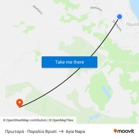 Πρωταρά - Παραλία Βρυσί to Ayia Napa map