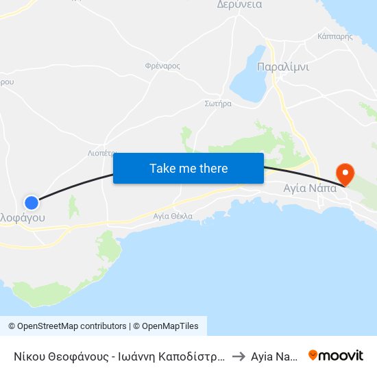 Νίκου Θεοφάνους - Ιωάννη Καποδίστρια to Ayia Napa map