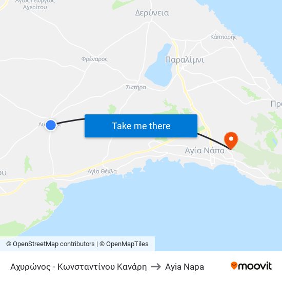 Αχυρώνος - Κωνσταντίνου Κανάρη to Ayia Napa map