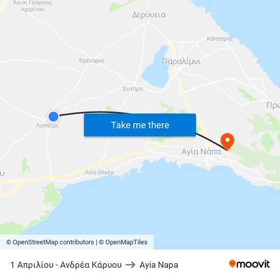 1 Απριλίου - Ανδρέα Κάρυου to Ayia Napa map