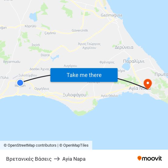 Βρετανικές Βάσεις to Ayia Napa map