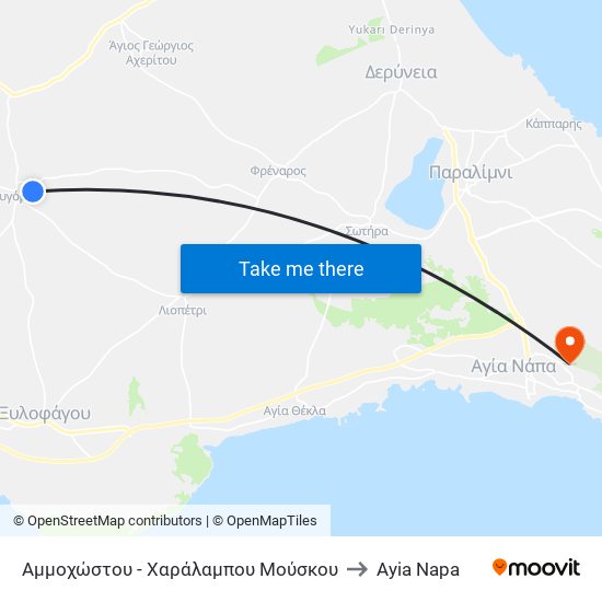 Αμμοχώστου - Χαράλαμπου Μούσκου to Ayia Napa map