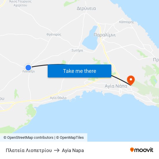 Πλατεία Λιοπετρίου to Ayia Napa map