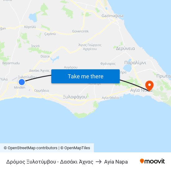 Δρόμος Ξυλοτύμβου - Δασάκι Άχνας to Ayia Napa map