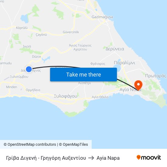 Γρίβα Διγενή - Γρηγόρη Αυξεντίου to Ayia Napa map