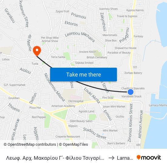 Λεωφ. Αρχ. Μακαρίου Γ΄- Φίλιου Τσιγαρίδη 1 to Larnaca map