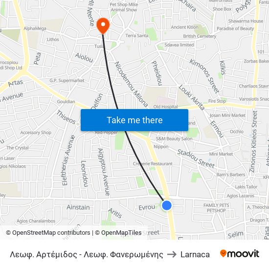 Λεωφ. Αρτέμιδος - Λεωφ. Φανερωμένης to Larnaca map