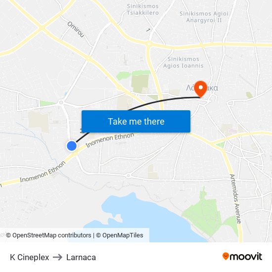 Κ Cineplex to Larnaca map