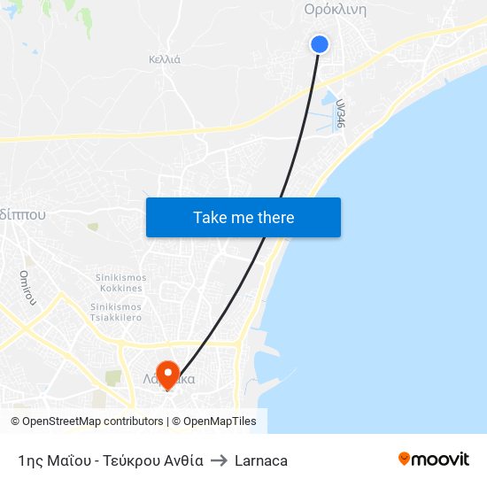 1ης Μαΐου - Τεύκρου Ανθία to Larnaca map