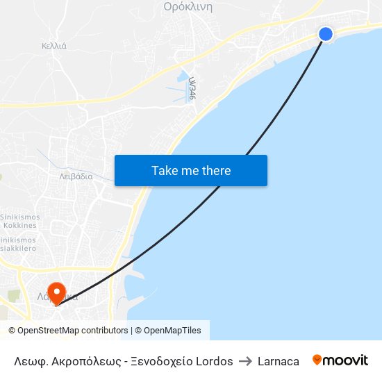 Λεωφ. Ακροπόλεως - Ξενοδοχείο Lordos to Larnaca map