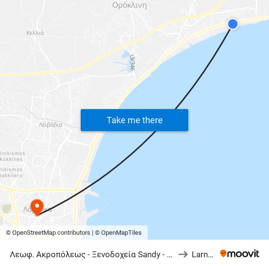 Λεωφ. Ακροπόλεως - Ξενοδοχεία Sandy - Golden Bay to Larnaca map