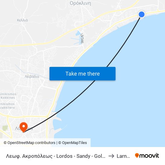 Λεωφ. Ακροπόλεως - Lordos - Sandy - Golden Bay to Larnaca map