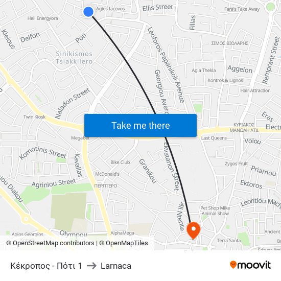 Κέκροπος - Πότι 1 to Larnaca map