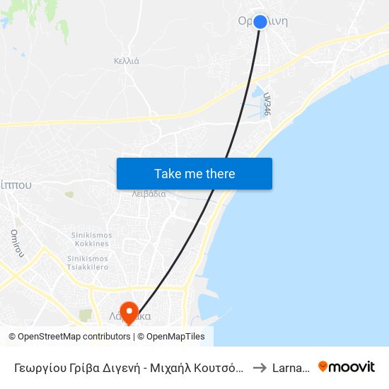 Γεωργίου Γρίβα Διγενή - Μιχαήλ Κουτσόφτα to Larnaca map