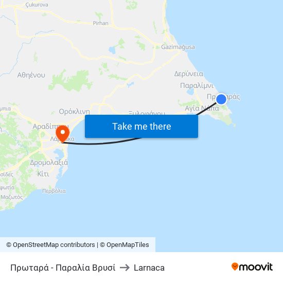 Πρωταρά - Παραλία Βρυσί to Larnaca map
