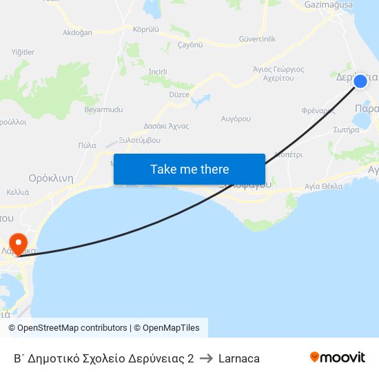 Β´ Δημοτικό Σχολείο Δερύνειας 2 to Larnaca map