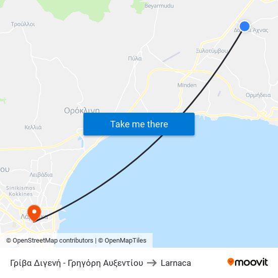 Γρίβα Διγενή - Γρηγόρη Αυξεντίου to Larnaca map