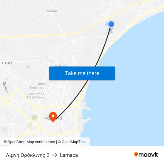 Λίμνη Ορόκλινης 2 to Larnaca map