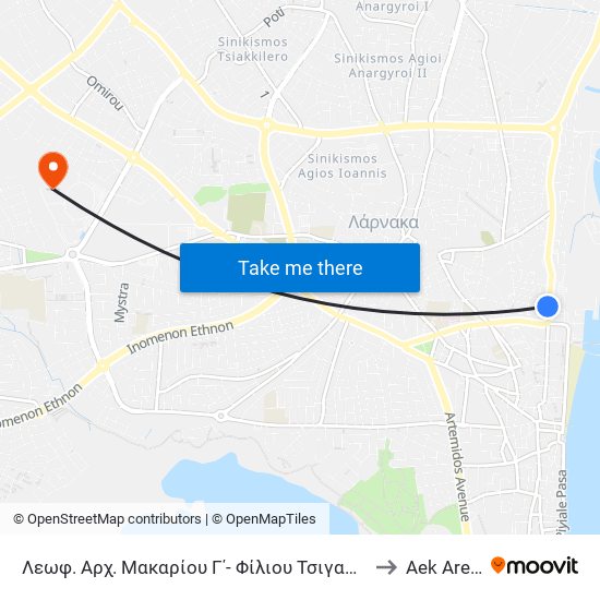 Λεωφ. Αρχ. Μακαρίου Γ΄- Φίλιου Τσιγαρίδη 1 to Aek Arena map