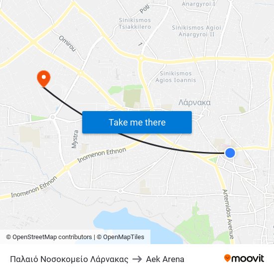 Παλαιό Νοσοκομείο Λάρνακας to Aek Arena map