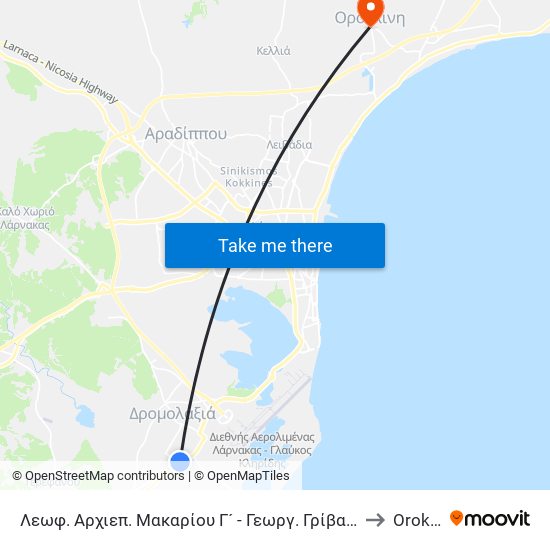 Λεωφ. Αρχιεπ. Μακαρίου Γ´ - Γεωργ. Γρίβα Διγενή 1 to Oroklini map