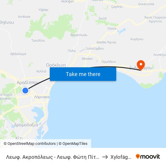 Λεωφ. Ακροπόλεως - Λεωφ. Φώτη Πίττα to Xylofágou map