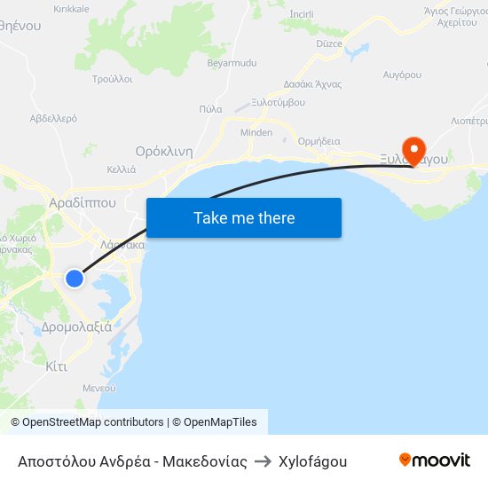 Αποστόλου Ανδρέα - Μακεδονίας to Xylofágou map
