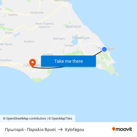 Πρωταρά - Παραλία Βρυσί to Xylofágou map