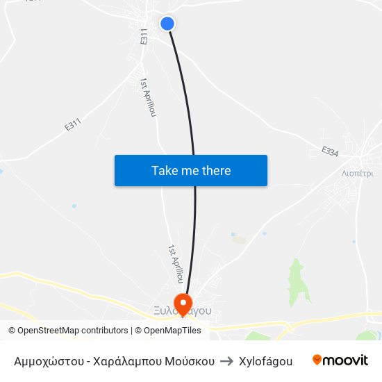 Αμμοχώστου - Χαράλαμπου Μούσκου to Xylofágou map