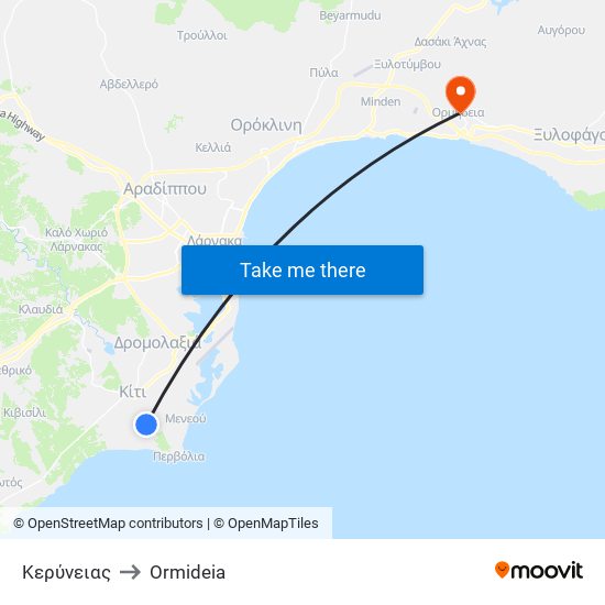Κερύνειας to Ormideia map
