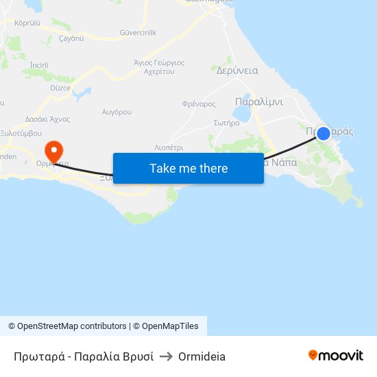 Πρωταρά - Παραλία Βρυσί to Ormideia map